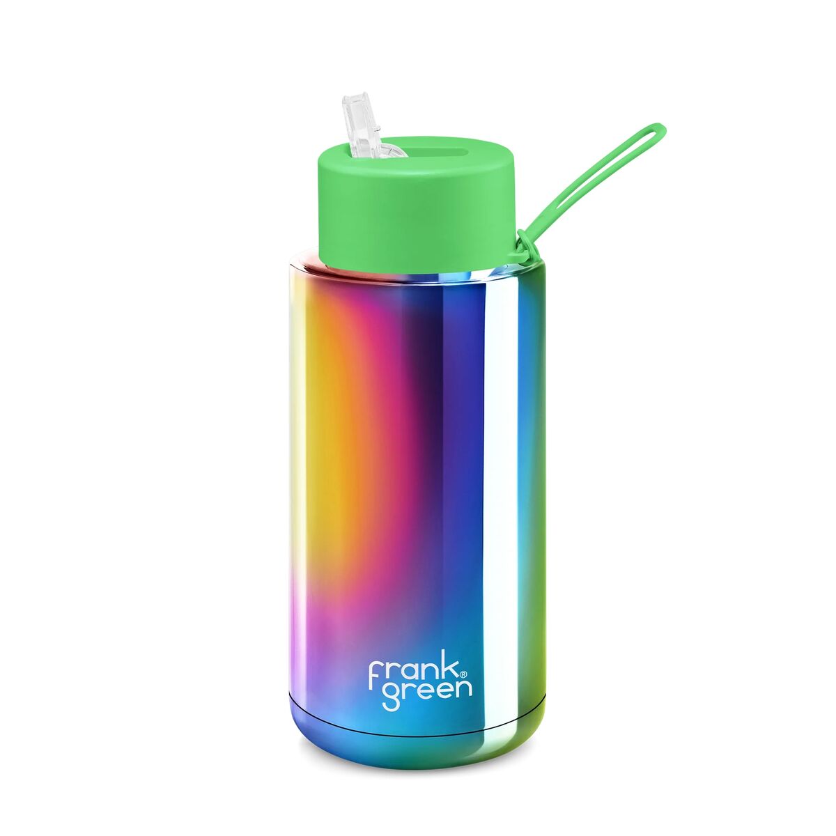 34oz Limited Edition Rainbow Ceramic Bottle with Neon Green Straw Lid Frank Gree
