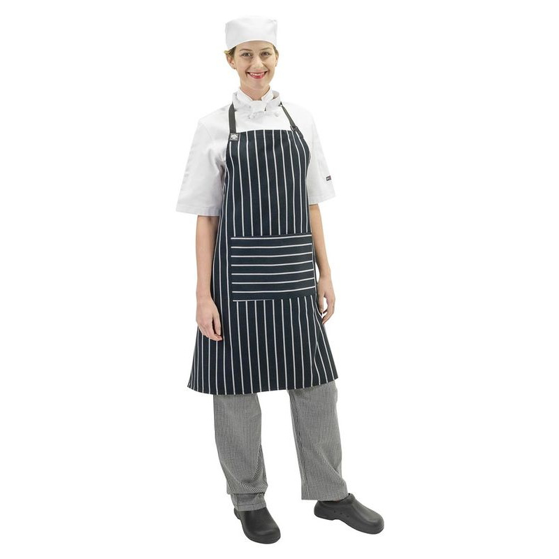 Chefs Bib Apron Woven Navy + White Stripe 86 x 86cm WPOCKET