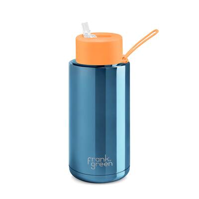 34oz Limited Edition Blue Ceramic Bottle with Neon Orange Straw Lid 