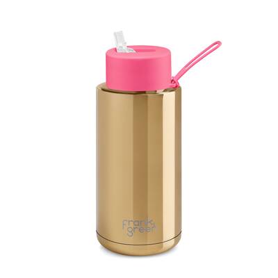 34oz Limited Edition Gold Ceramic Bottle with Neon Pink Straw Lid 