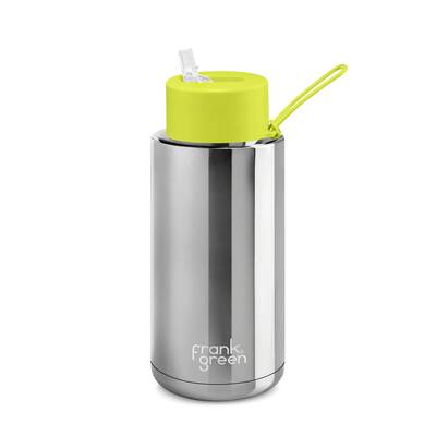 34oz Limited Edition Silver Ceramic Bottle with Neon Yellow Straw Lid